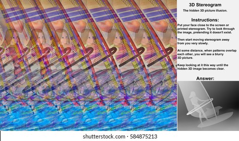 Stereogram illusion with girl windsurfer and dolphin in hidden 3D picture