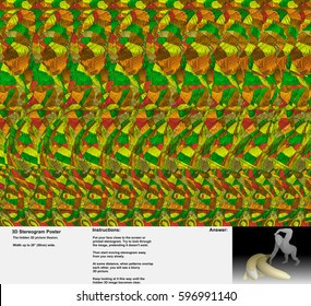 Stereogram illusion with gorilla and giant banana in hidden 3D picture