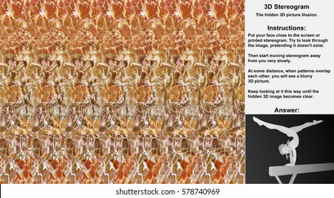 Stereogram illusion with gymnast girl balancing on beam in hidden 3D picture