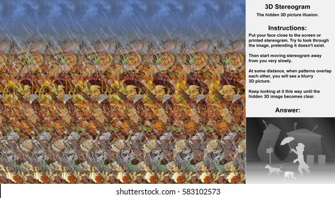 Stereogram illusion with a man in a hat walking two dogs in a rain in hidden 3D picture