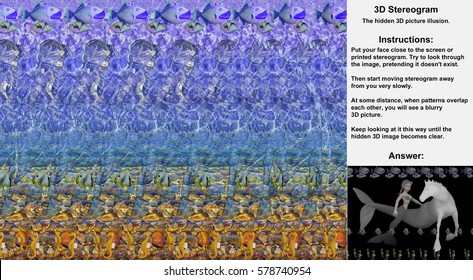 Stereogram illusion with mermaid, sea horse and fish in hidden 3D picture