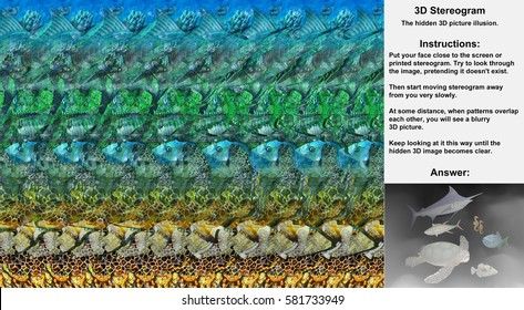 Stereogram illusion with sea turtle, fish and sea horses in hidden 3D picture