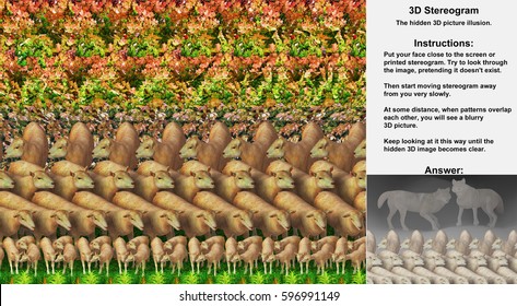 Stereogram illusion with sheep and two wolves in hidden 3D picture