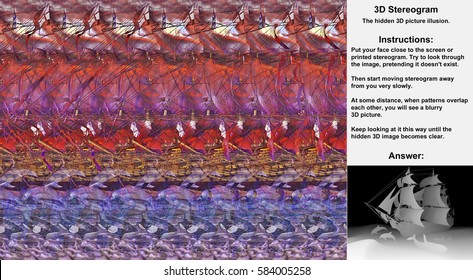 Stereogram illusion with ship and sea animals in hidden 3D picture