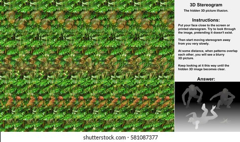 Stereogram illusion with three chimpanzees in hidden 3D picture, one slipped on banana and falling, other laughing.