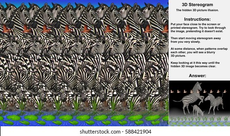 Stereogram illusion with three zebras in hidden 3D picture