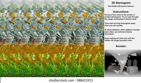 Stereogram illusion with tornado crossing farm in hidden 3D picture