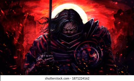 A stern fantasy knight in a half-face mask walks with a spear in his hands, against the background of a bloody sunset and burned castles, he cries, sparks fly around him . 2D illustration.