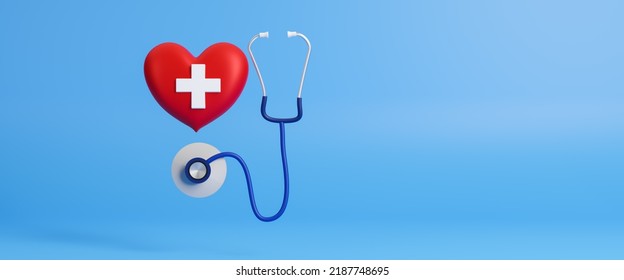 Stethoscope and heart on blue background, medical business and health care insurance concept. World Health Day, global health awareness concept. Service and healthcare business. 3d render illustration - Powered by Shutterstock