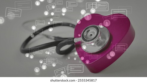 Stethoscope and heart shape with social media icons image. Healthcare, medical, cardiology, digital, technology, online - Powered by Shutterstock