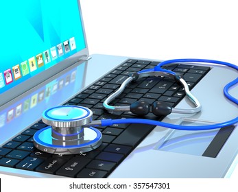 Stethoscope and laptop are on white background.