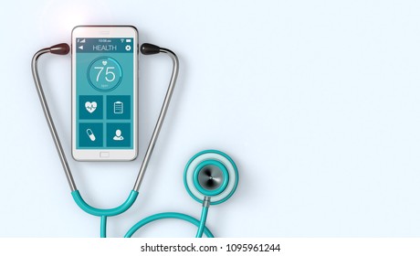 stethoscope and a smartphone with a medical app, copyspace (3d render)