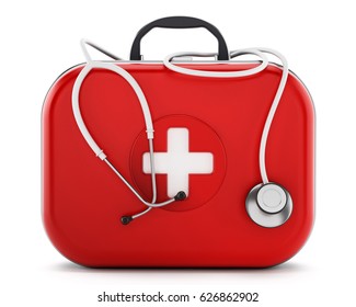 Stethoscope Standing On First Aid Kit. 3D Illustration.