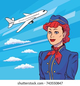 Stewardess In Pop Art Style. Background Plane Takes Off. Floating In Clouds Airplane. Welcome Aboard. Raser Illustration In Comic Style.