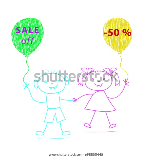 Stick Boy Girl Balloons Drawn By Stock Illustration