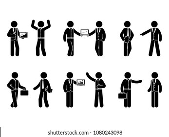Stick figure business cooperation icon set. Illustration of workmates isolated on white