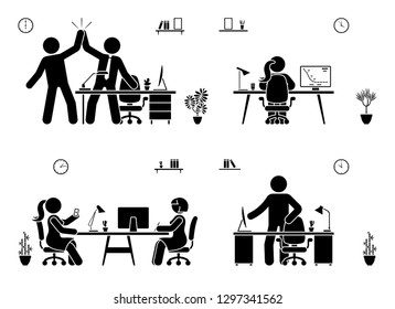 Stick figure business office illustration icon pictogram on white. Men and women happy, working, sitting, reporting, writing people silhouette