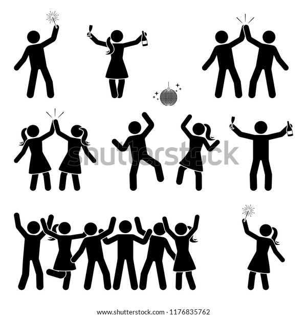 人々を祝う棒の形のアイコンセット 幸せな男女が踊り 跳び 絵文字を
