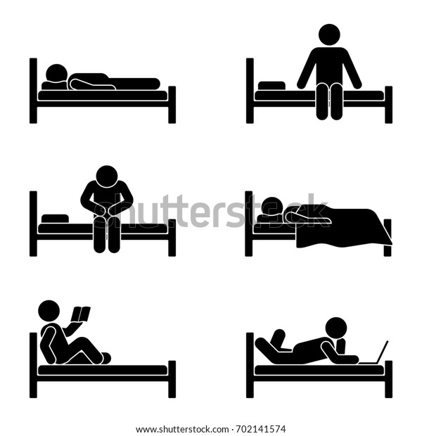 ベッドの中で スティックの姿が違う 白い背景に夢 座り 眠る人のアイコンシンボル記号セット絵文字 のイラスト素材