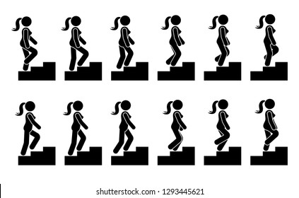 Stick Figure Female On Stairs Icon Set. Illustration Of Woman Walking Step By Step Sequence Pictogram