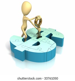 Stick figure inserting key into a hole on the top of a money symbol formed by puzzle pieces on a white background. Clipping path included.