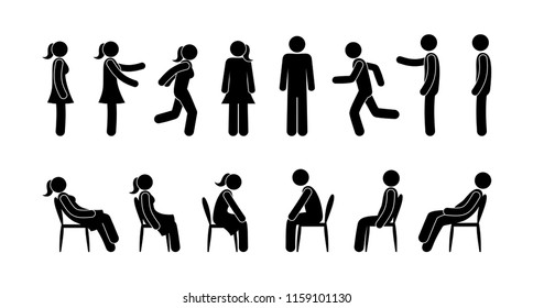 stick figure man and woman pictograms, icon set people, man stands, sits, runs, human figure, silhouette, symbol person