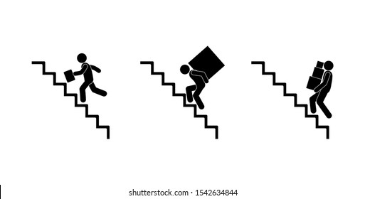 Stick Figure Pictograms People Run Up The Stairs, Icons Of Walking People, Isolated Characters Man, Human Silhouette, Steps Icon