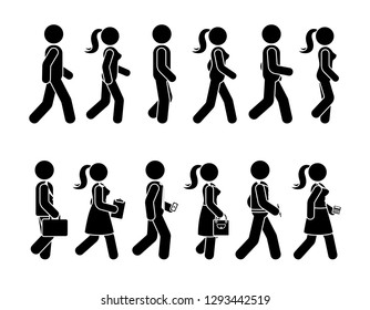 Stick figure walking man and woman illustration  icon pictogram. Group of people moving forward sequence set