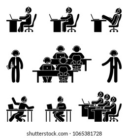 Stick Figure Working Man Using Computer In Call Center. Illustration Of Customer Support Icon Set On White