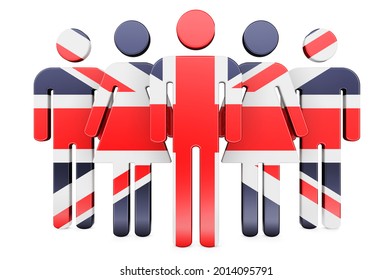 Stick Figures With British Flag. Social Community And Citizens Of The Great Britain, 3D Rendering Isolated On White Background