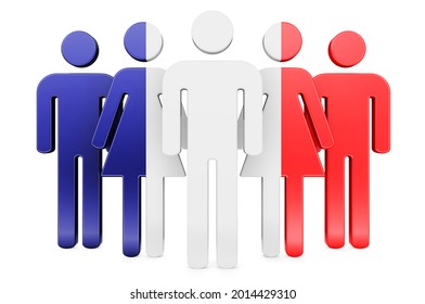 Stick Figures With French Flag. Social Community And Citizens Of France, 3D Rendering Isolated On White Background