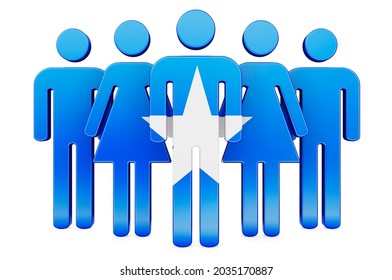 Stick Figures With Somali Flag. Social Community And Citizens Of Somalia, 3D Rendering Isolated On White Background