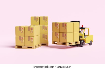 Stick man with forklift,goods cardboard box, pallet for import export isolated on pink background. logistic service concept, 3d illustration or 3d rendering 