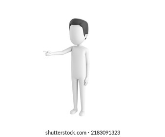 Stick Man With Hair Character Pointing Finger To The Left In 3d Rendering.