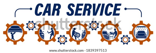 stick\
man, repairman repairs car in workshop. Maintenance of technical\
condition of machine, inspection before sale. Painting, tire and\
oil change, diagnostics, car wash.\
infographics