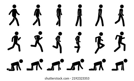 Stick Man Walk. Black Animation Kit Of Walking Running And Crawling Simple Human Silhouette Icons.  Pedestrian Run And Walk Sequence. Illustration Of Animation Silhouette People