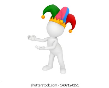 Stick Man Wearing Jester Hat In 3D Rendering.