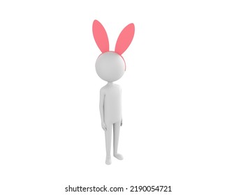 Stick Man Wearing Pink Bunny Headband Character Standing And Look Up To Camera In 3d Rendering.