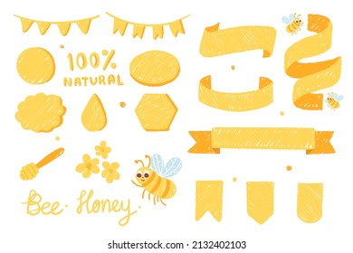 Sticker Bee Honey Title Text Circle Flag Flower Water Drop Ribbon Orange Yellow