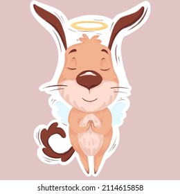 sticker, illustration of a cute beige dog with brown ears and tail in peace with closed eyes, floating in the air with angelic blue wings and a halo
