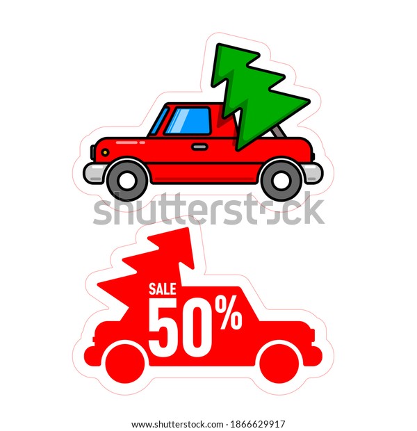 sticker, label sale, in the form of a\
red car carrying a Christmas tree. contour of\
carving