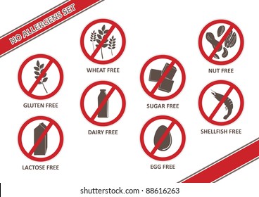 Stickers for allergen free products, such as gluten free, lactose free, wheat free, dairy free, sugar free, nut free, egg free and shellfish free.  Done in 'no smoking' style symbols.