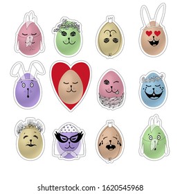 Stickers set emoji eggs. Funny Easter Eggs in masks, wreaths. World egg day concept: smile, cry, heart, love, sad, happy. Set of cute egg emojis. Flat illustration isolated on white - Powered by Shutterstock