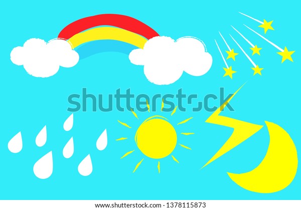 stickers set with sun rainbow cloud moon on blue\
background.Comic cartoon\
style