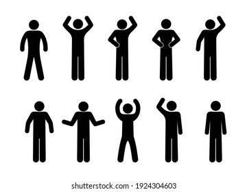 Stickman Icon, Isolated Pictogram Stick Figure Man, Various Gestures With Hands, Human Symbol On White Background