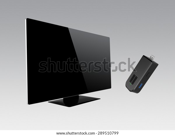 Stick-type computer and 4K television\
isolated on gray background. Clipping path\
available.