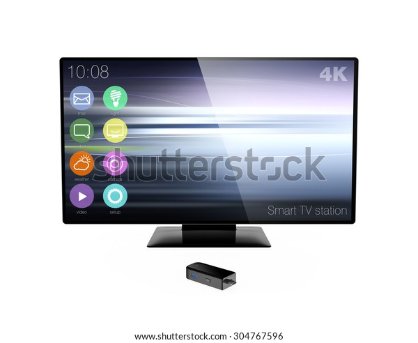 Sticktype computer and 4K television isolated\
on white\
background