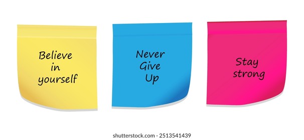 Sticky notes with motivational phrases 'Believe in yourself,' 'Never Give Up,' and 'Stay strong'. To inspire confidence, persistence, and resilience, perfect for personal growth and positive mindset. - Powered by Shutterstock