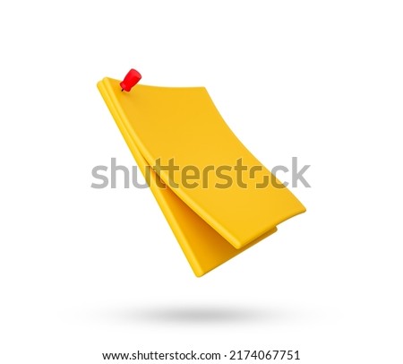 Sticky notes and red pin 3d icon. Office stationary. Notebook elements symbol. Yellow note pads with corner fold or peel. Blank space template for messages. 3d rendered illustration.