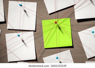 Sticky notes with red threads pinned to surface, one green note in center, abstract concept of creative investigation or business analysis, 3D Rendering